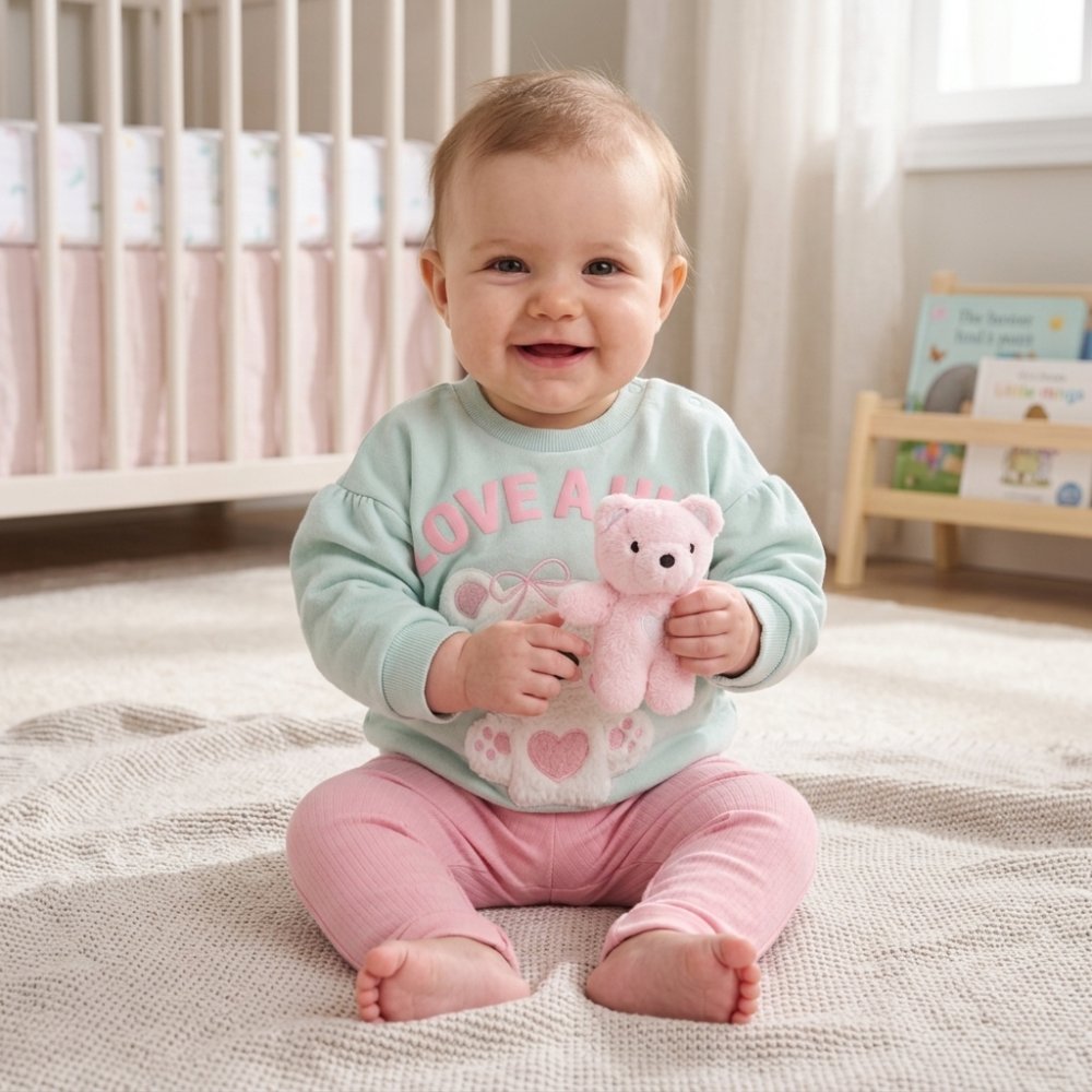 J16525NB: Baby Girls Interactive Sweatshirt & Legging Outfit With Plush Bear Toy (0-9 Months) J16525NB: Baby Girls Interactive Sweatshirt & Legging Outfit With Plush Bear Toy (0-9 Months)